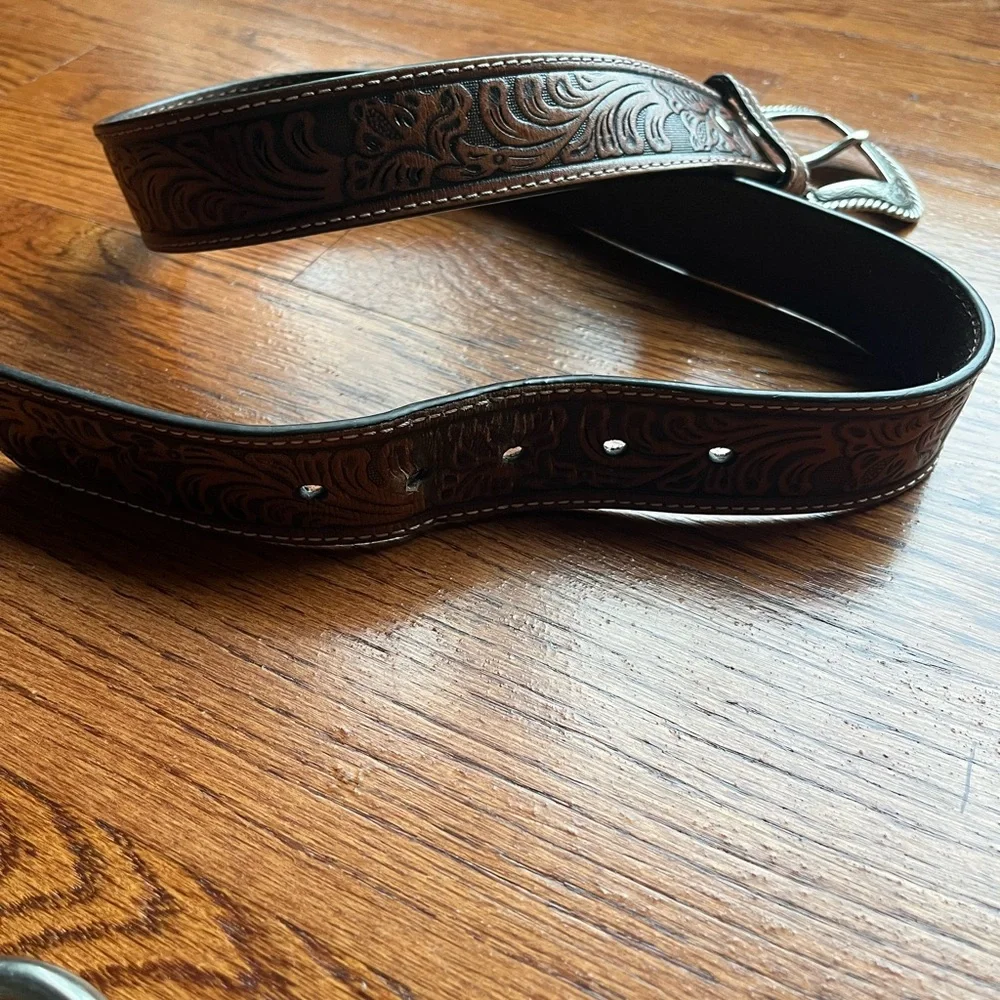 Leather Tooled Brown Western Belt with Decorative Silver Buckle